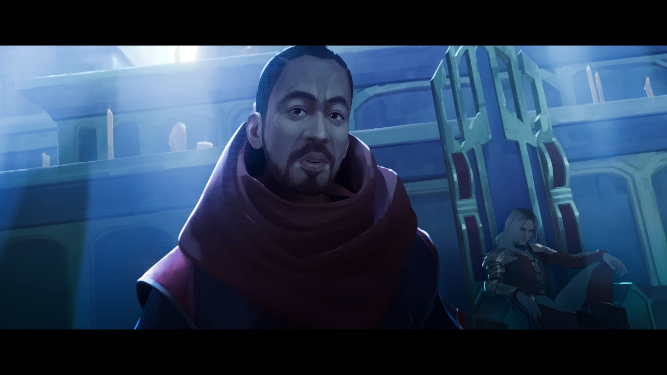 Frame da animação 'Heavy is the Crown', música de Linkin Park para o Mundial de League of Legends 2024. A imagem mostra um homem de pele escura com barba, vestindo uma túnica vermelha e preta, em destaque no primeiro plano. Ao fundo, há uma figura de cabelos loiros sentada em um trono ornamentado, com uma expressão pensativa. A cena ocorre em um ambiente grandioso e iluminado por luz suave que entra de janelas altas.